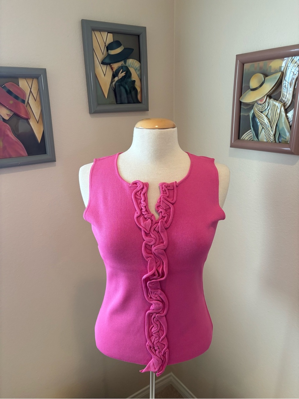 NEW. Sleeveless Ruffle-Trim Knit Tank — Pink. Rayon and nylon.